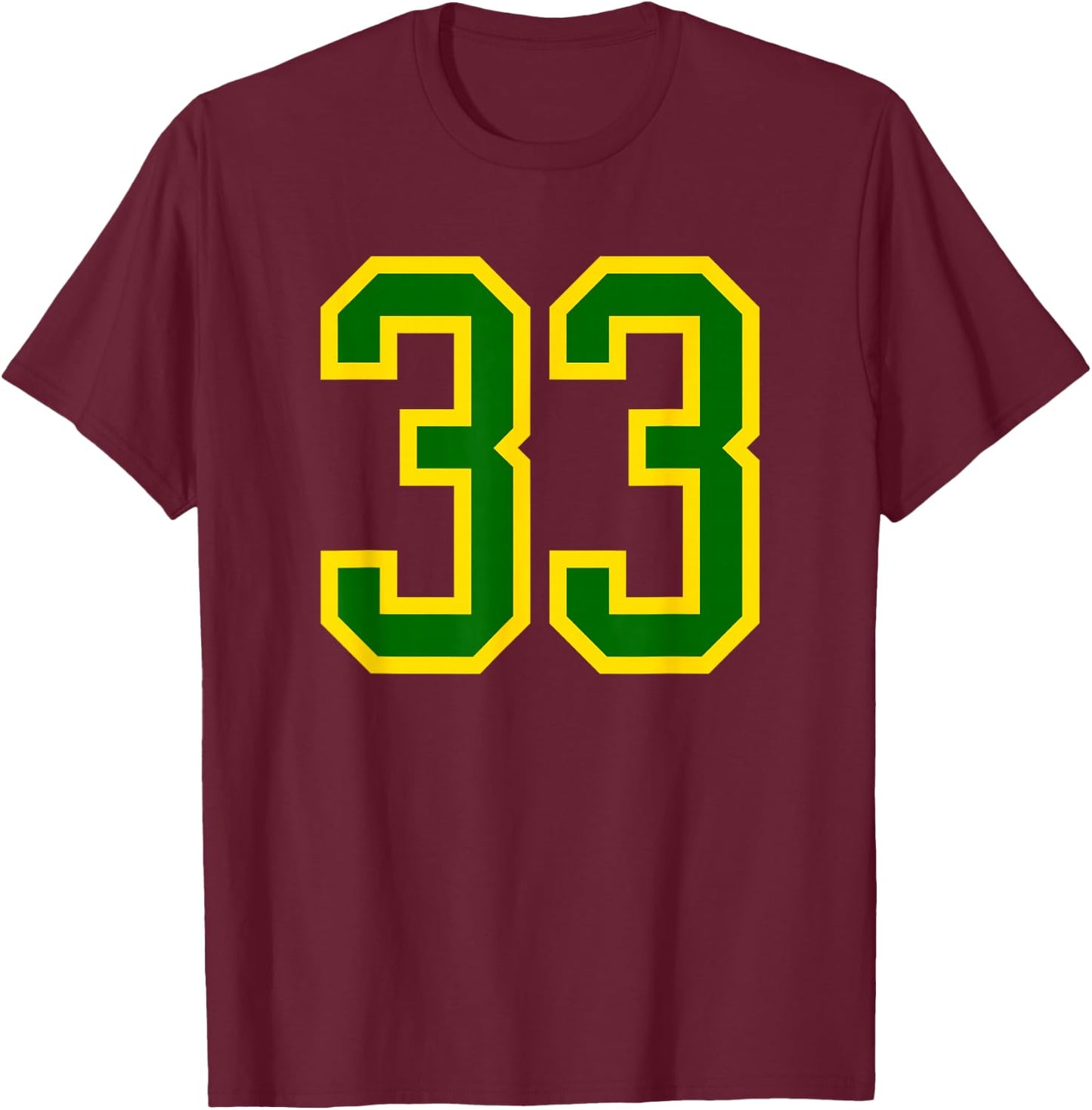 Green Yellow Sports Team Number #33 T-Shirt - T-Shirt | Maroon