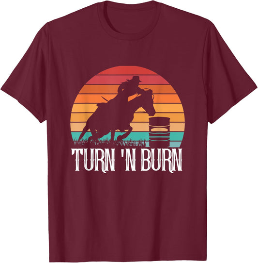 Turn And Burn Horse Barrel Racing Retro Sunset Vintage T-Shirt - T-Shirt | Maroon