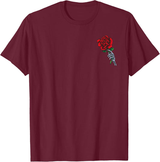 Skeleton Hand Holding Rose | Aesthetic Red Flower T-Shirt - T-Shirt | Maroon