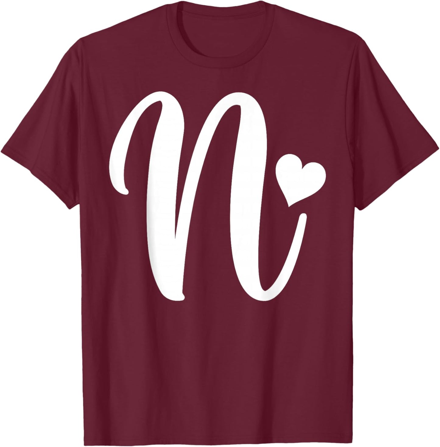 white letter N monogram initial minimalist heart graphic T-Shirt - T-Shirt | Maroon