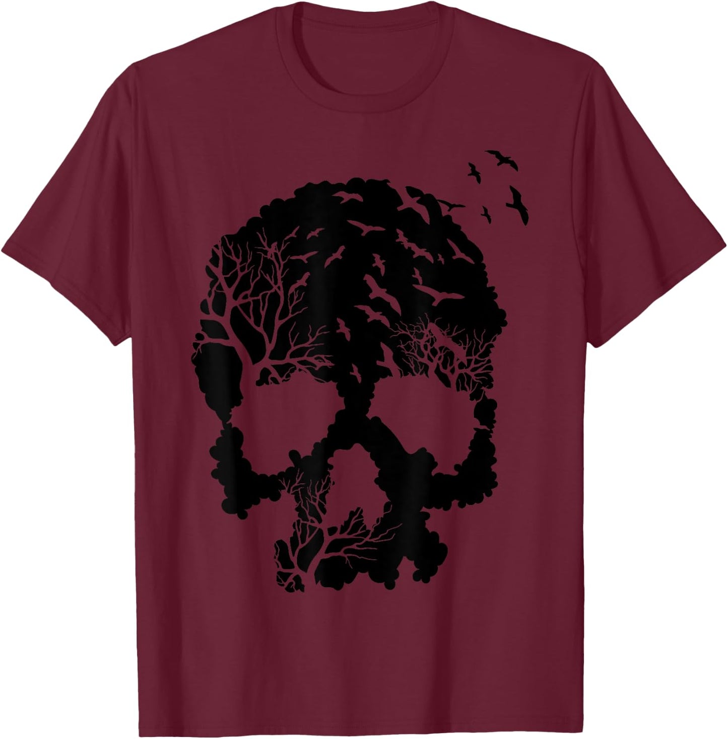 Skeleton with Trees and Birds T-Shirt - T-Shirt | Maroon