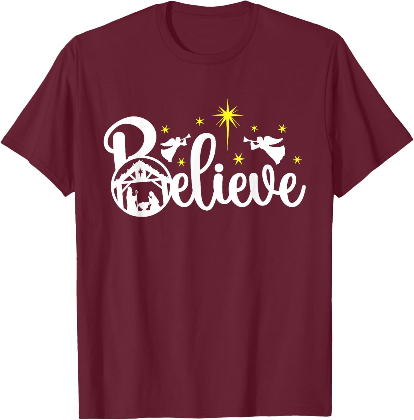 Christian Christmas Believe Jesus Nativity Scene XMAS Faith T-Shirt - T-Shirt | Maroon