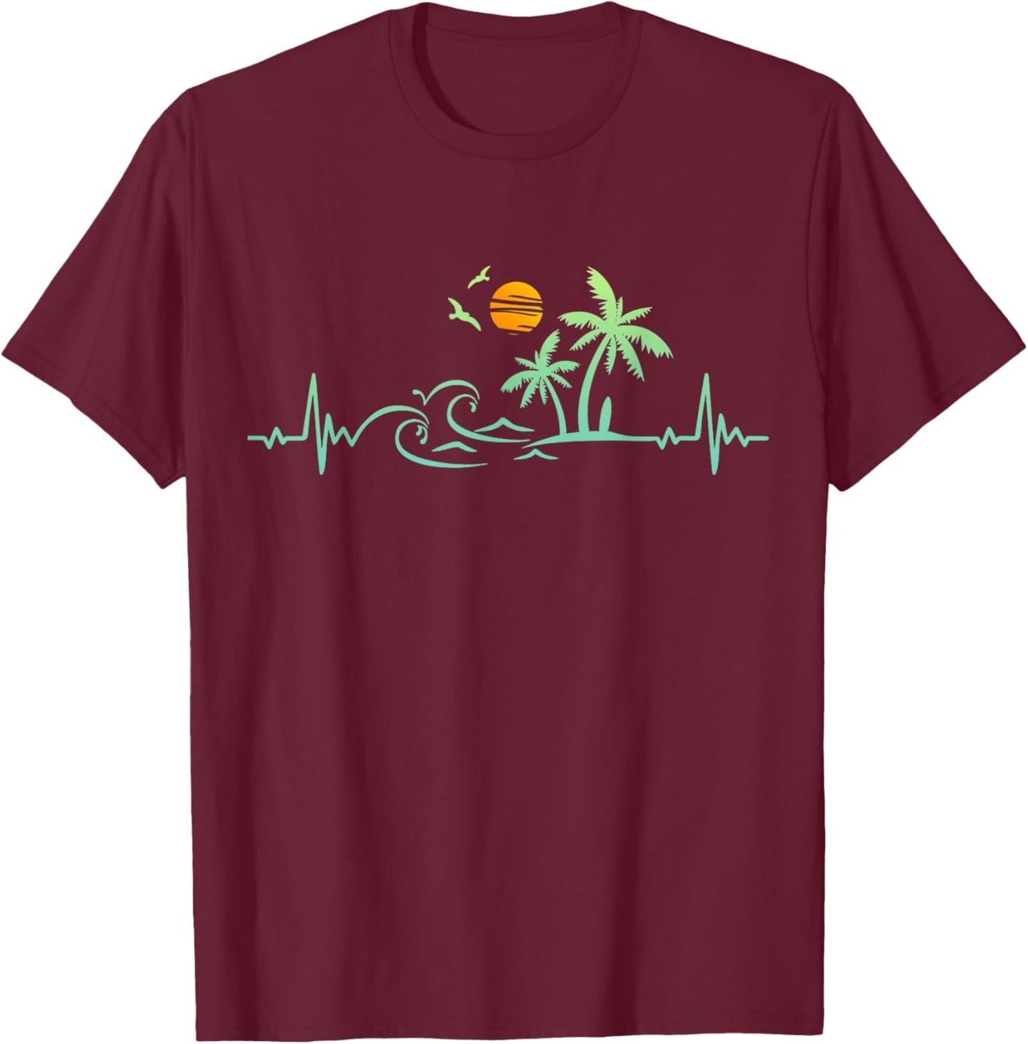 Heartbeat Palm Tree Retro Tropical Beach Island Trees Funny T-Shirt - T-Shirt | Maroon