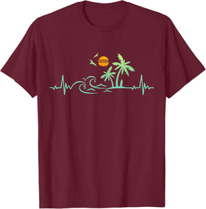 Heartbeat Palm Tree Retro Tropical Beach Island Trees Funny T-Shirt - T-Shirt | Maroon