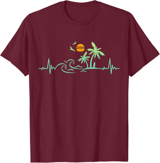 Heartbeat Palm Tree Retro Tropical Beach Island Trees Funny T-Shirt - T-Shirt | Maroon