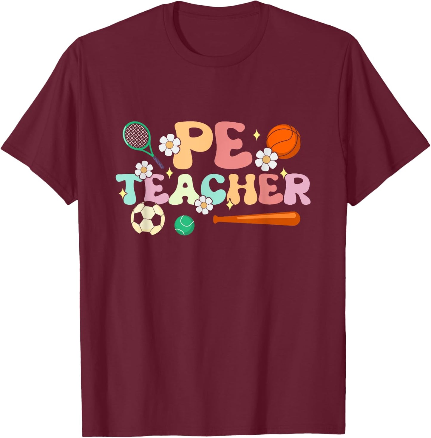 Groovy Physical Education Teacher PE Squad Back To School T-Shirt - T-Shirt | Maroon