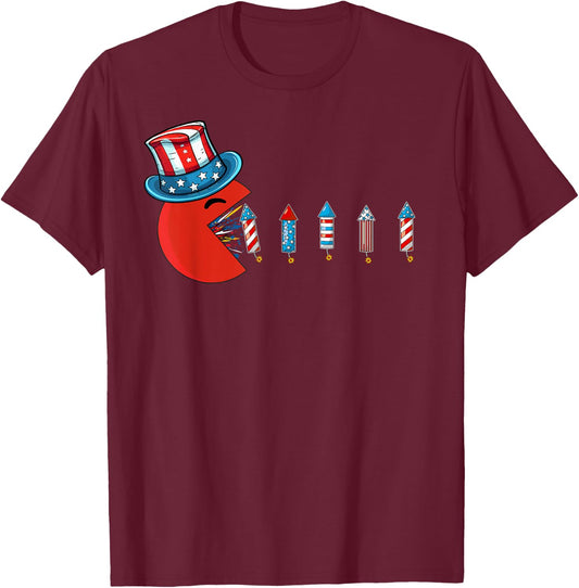 Patriotic Hat Eating Firecrackers USA Flag Funny 4th of July T-Shirt - T-Shirt | Maroon