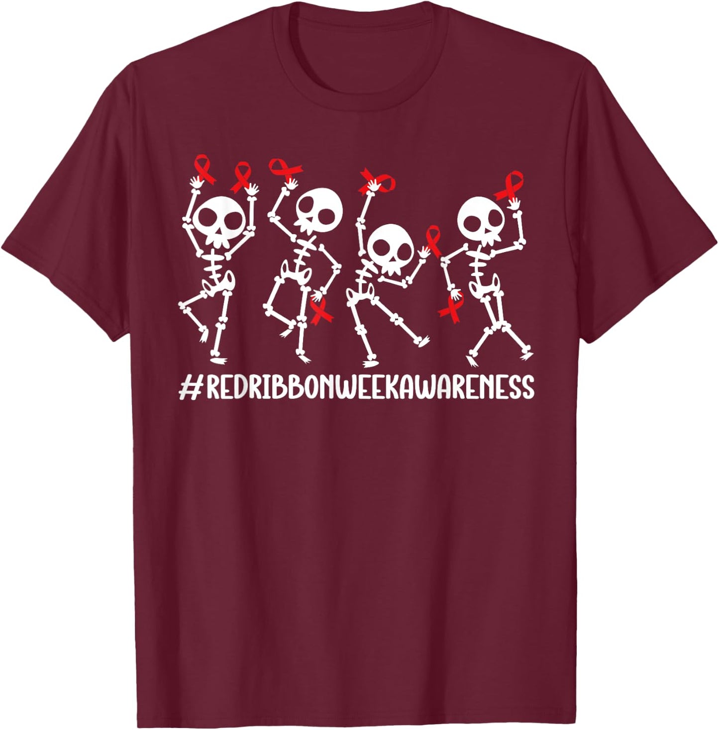 Red Ribbon week Awareness Skeleton Halloween Women Men Kids T-Shirt - T-Shirt | Maroon