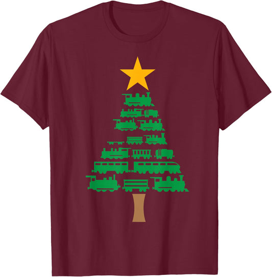 Xmas Boys Kids Christmas Tree Out Of Trains Christmas T-Shirt - T-Shirt | Maroon