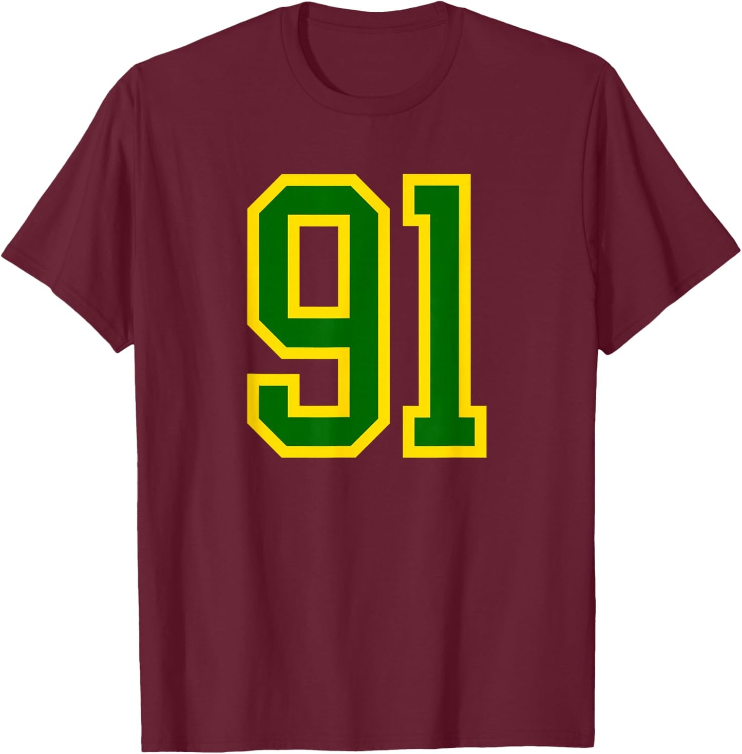 Green Yellow Sports Team Number #91 T-Shirt - T-Shirt | Maroon