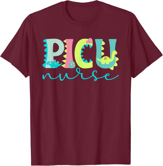 PICU Nursing For Pediatric ICU Nurse Women's Black Modern Letter Print T-Shirt - T-Shirt | Maroon