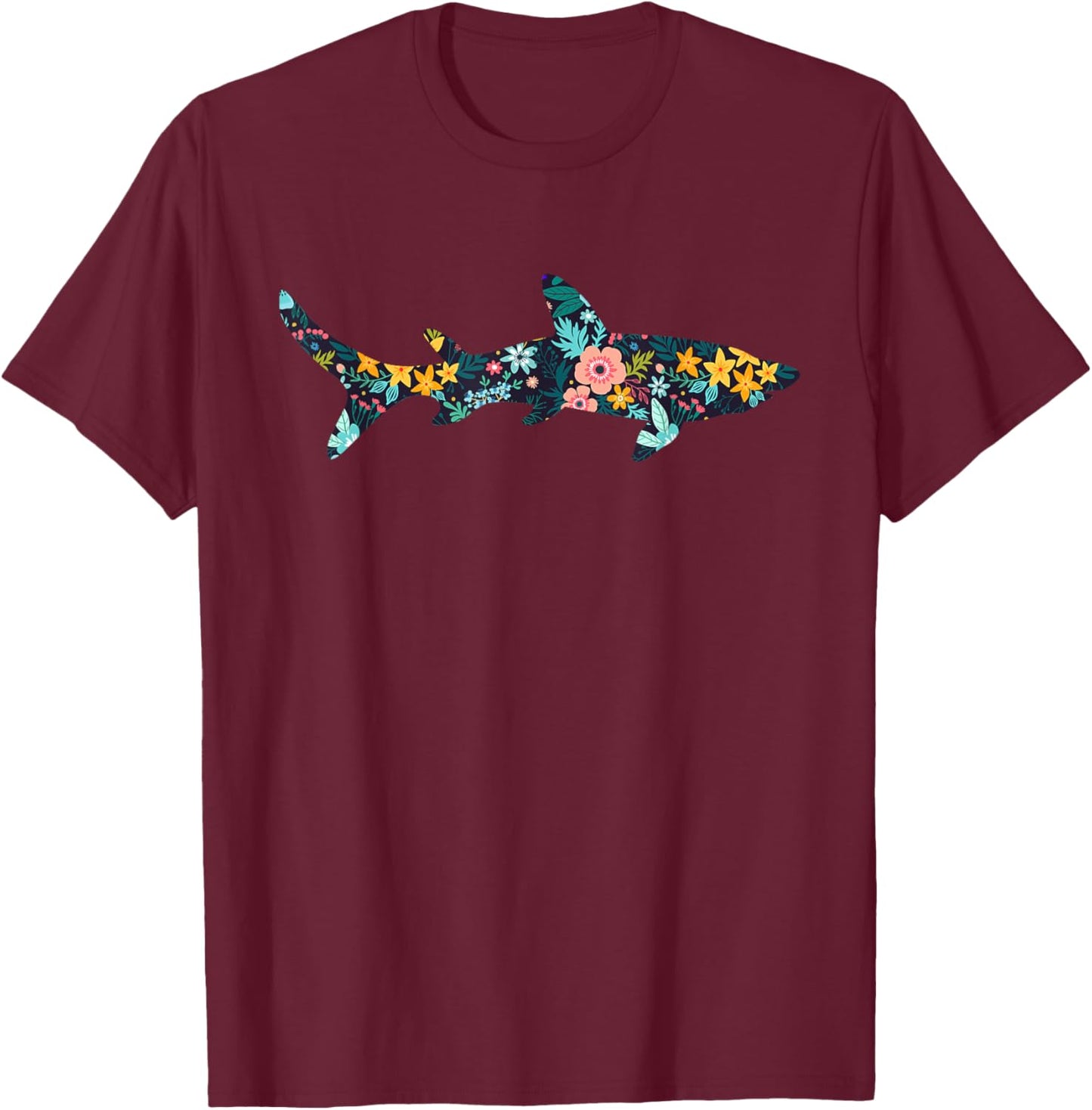 Floral Shark Silhouette Girls Graphic T-Shirt - T-Shirt | Maroon
