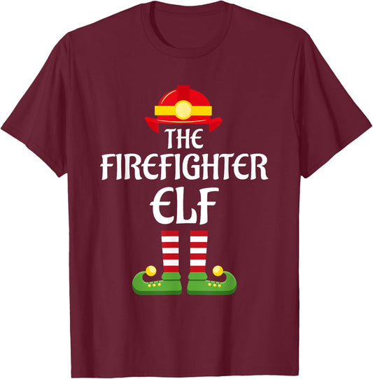 Firefighter Elf Family Matching Group Christmas Fireman T-Shirt - T-Shirt | Maroon