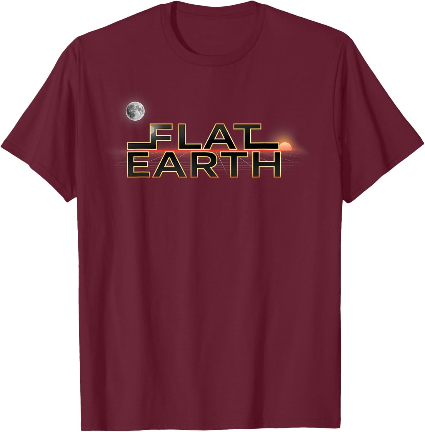 Flat Earth Sun Moon horizon at sunset firmament T-Shirt - T-Shirt | Maroon