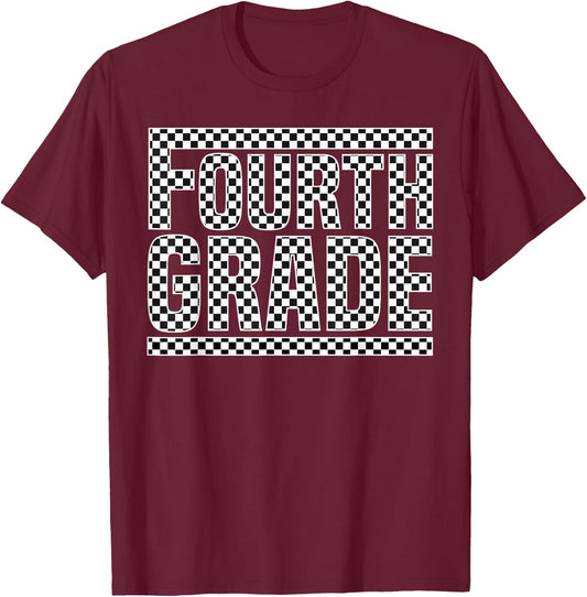 Checkered 4th Grade Back to School Boys Girls Kids Teacher T-Shirt - T-Shirt | Maroon