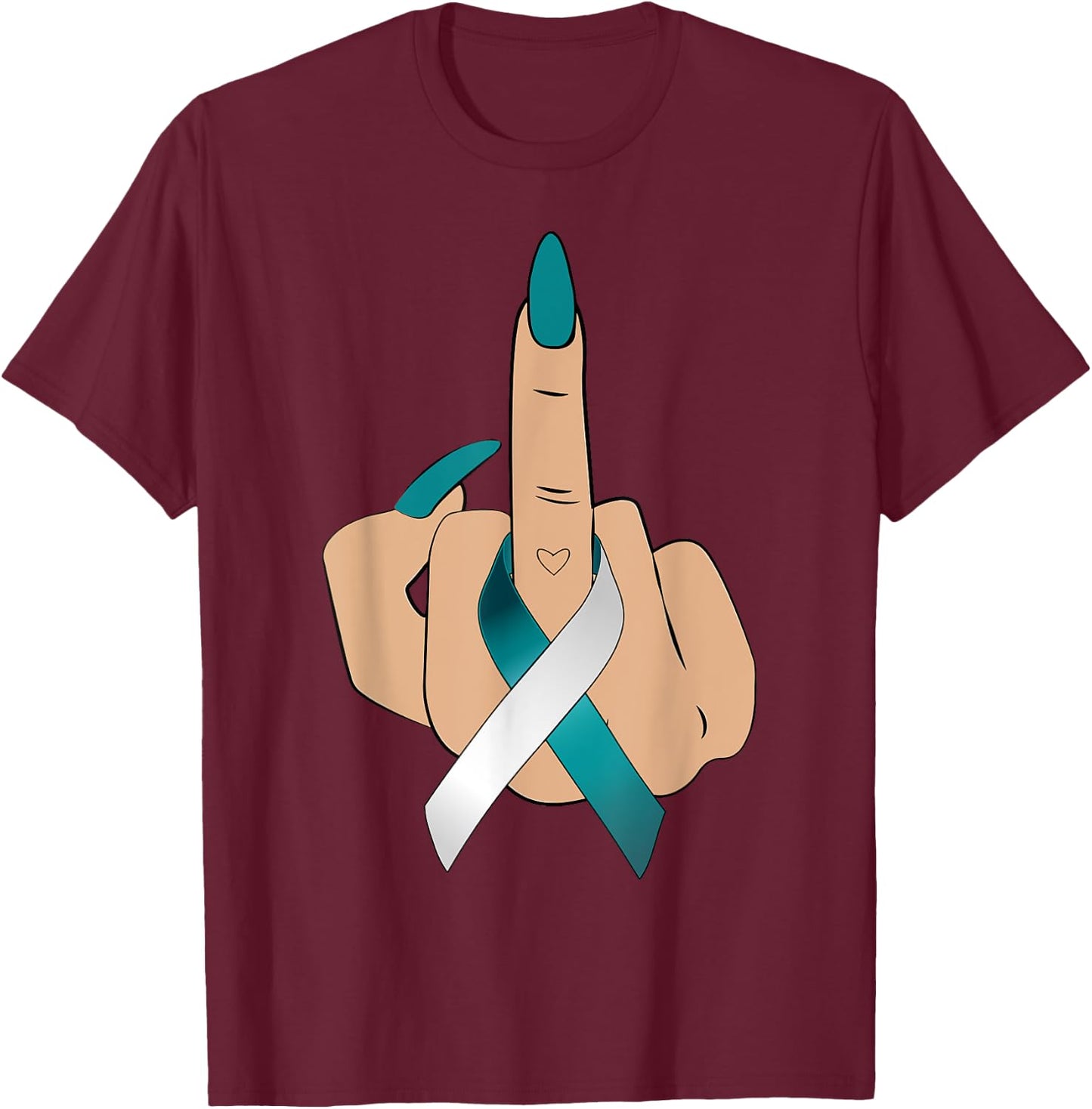 Middle Finger Woman Teal White Ribbon Cervical Cancer Women T-Shirt - T-Shirt | Maroon