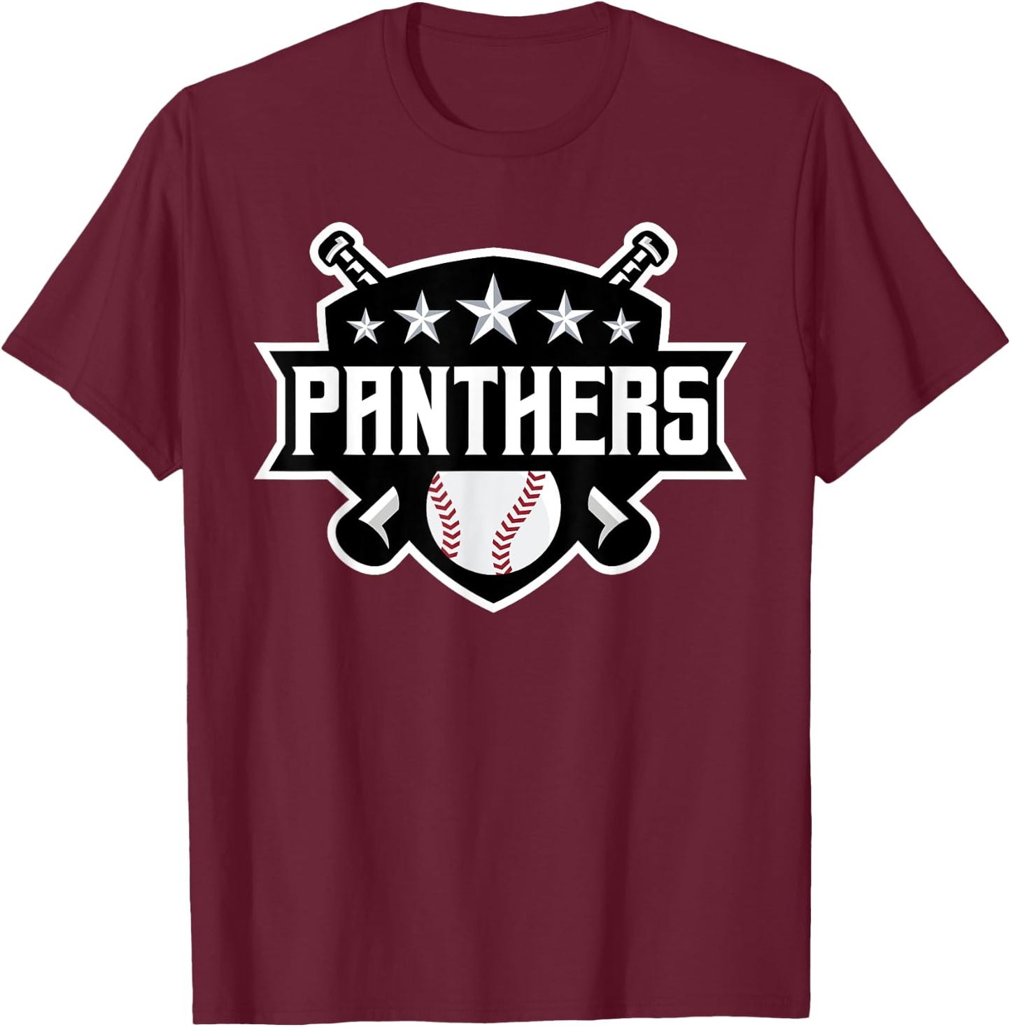 Panthers Baseball Sports Game Day Spirit Print Stars Mom Dad T-Shirt - T-Shirt | Maroon
