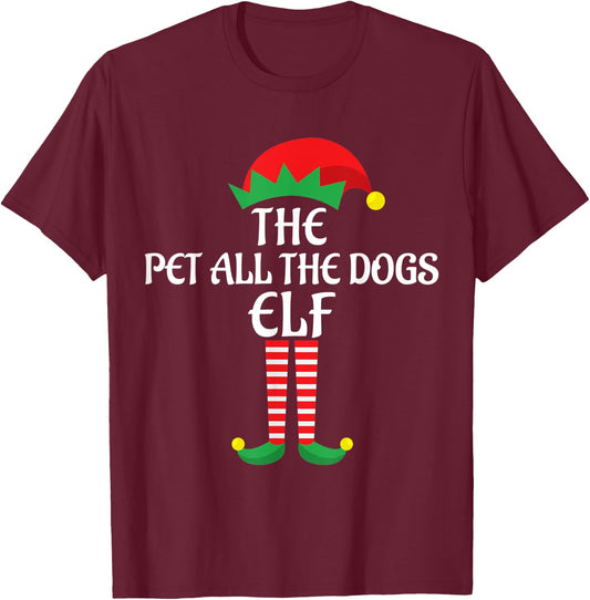 Pet All the Dogs Elf Christmas Theme Family Group Matching T-Shirt - T-Shirt | Maroon