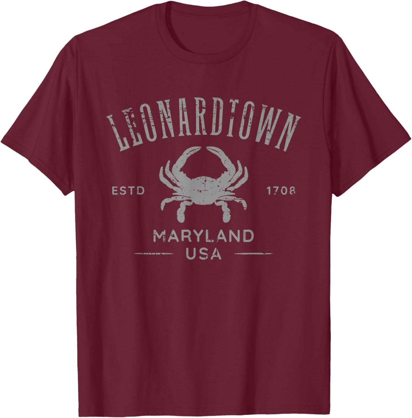 Leonardtown Maryland Vintage Distressed Crab Design T-Shirt - T-Shirt | Maroon