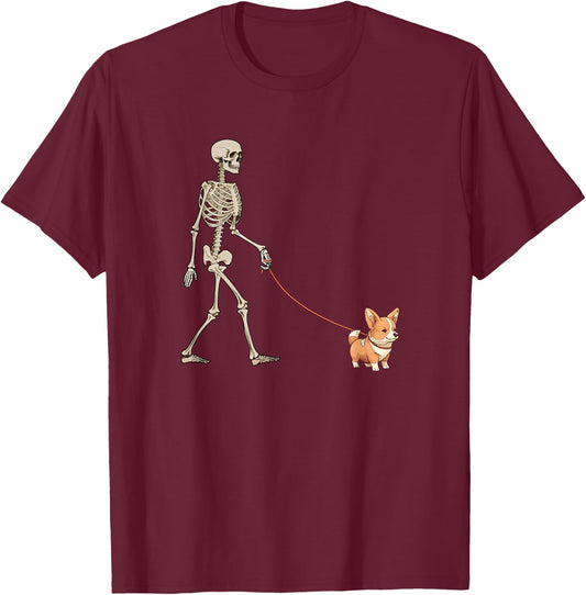 Funny Corgi Skeleton Dog Walking Halloween Dog Men Women Kids T-Shirt - T-Shirt | Maroon