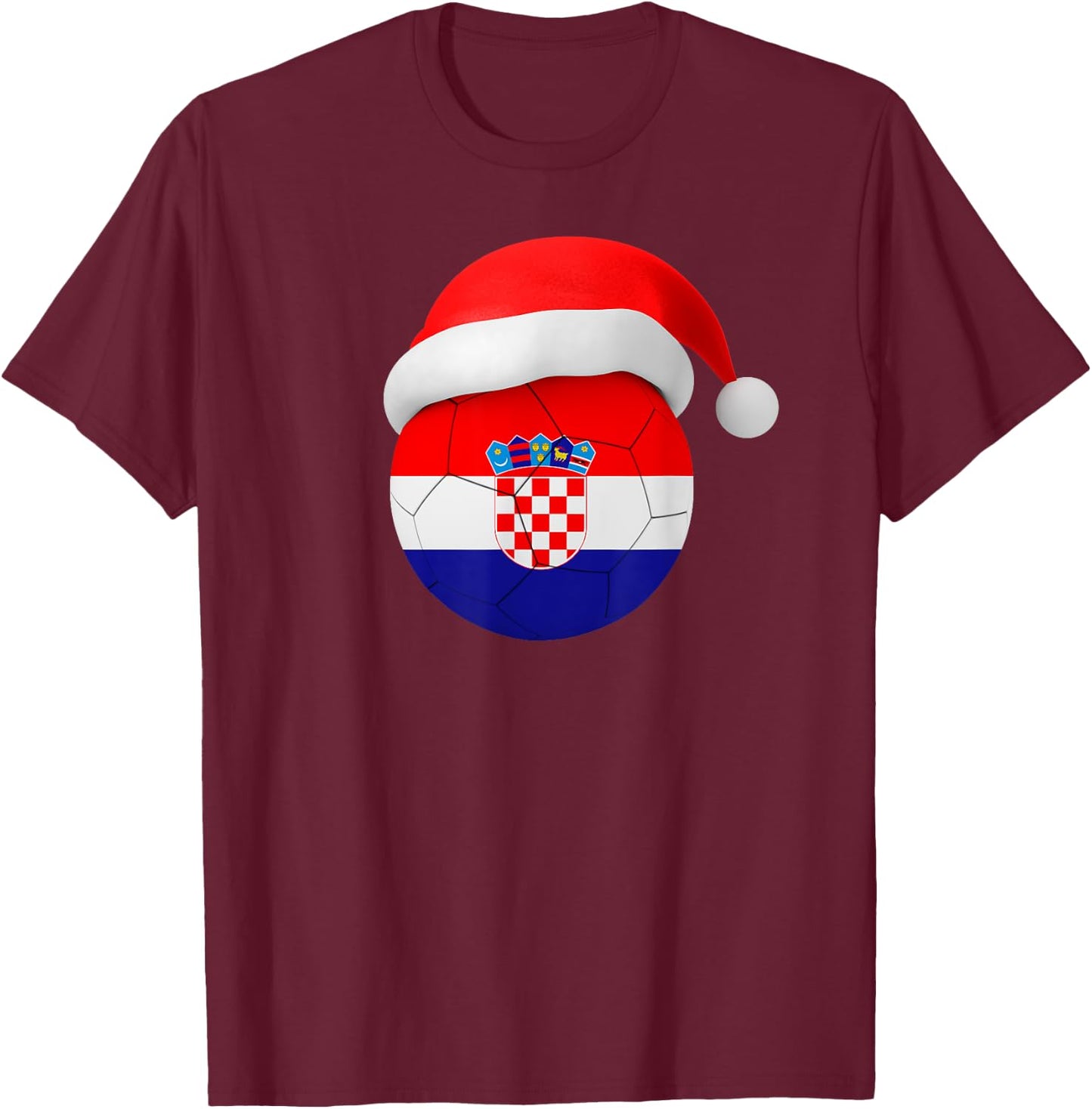 Croatia Soccer Shirt Santa Hat Croatian Flag Soccer Ball T-Shirt - T-Shirt | Maroon