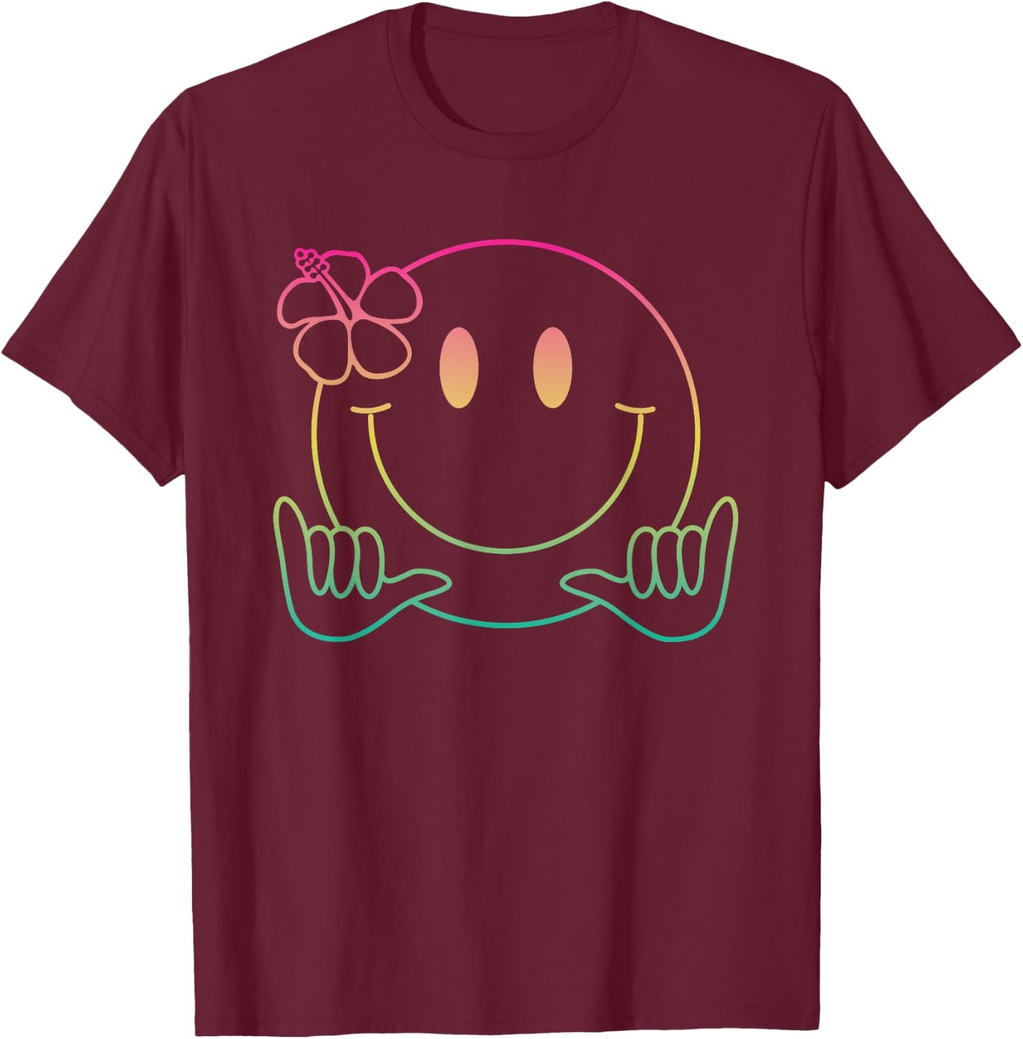Hibiscus Shaka Smile Face Rainbow Happy Face Aloha Hawaiian T-Shirt - T-Shirt | Maroon