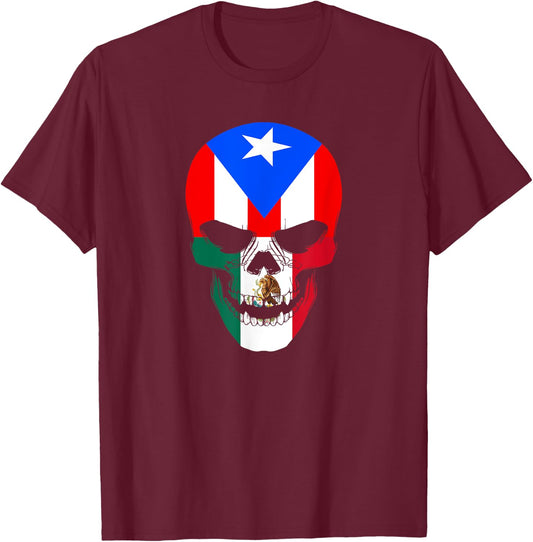 Half Mexican And Puerto Rican Rico Flag Mexirican Skull Men T-Shirt - T-Shirt | Maroon