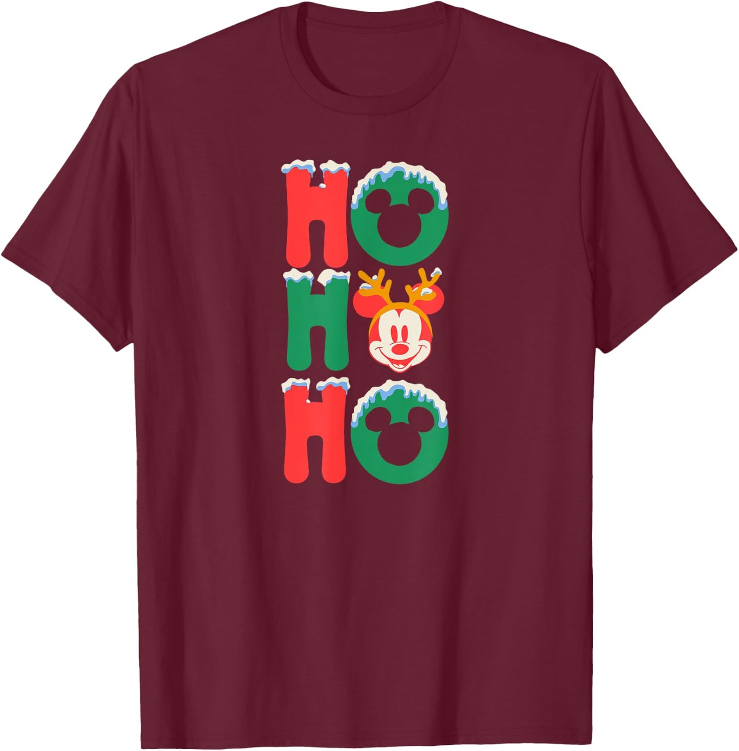 Amazon Essentials Men's Mickey Mouse Ho Ho Ho Snowy Christmas Antlers , Black Graphic Print, Small T-Shirt - T-Shirt | Maroon