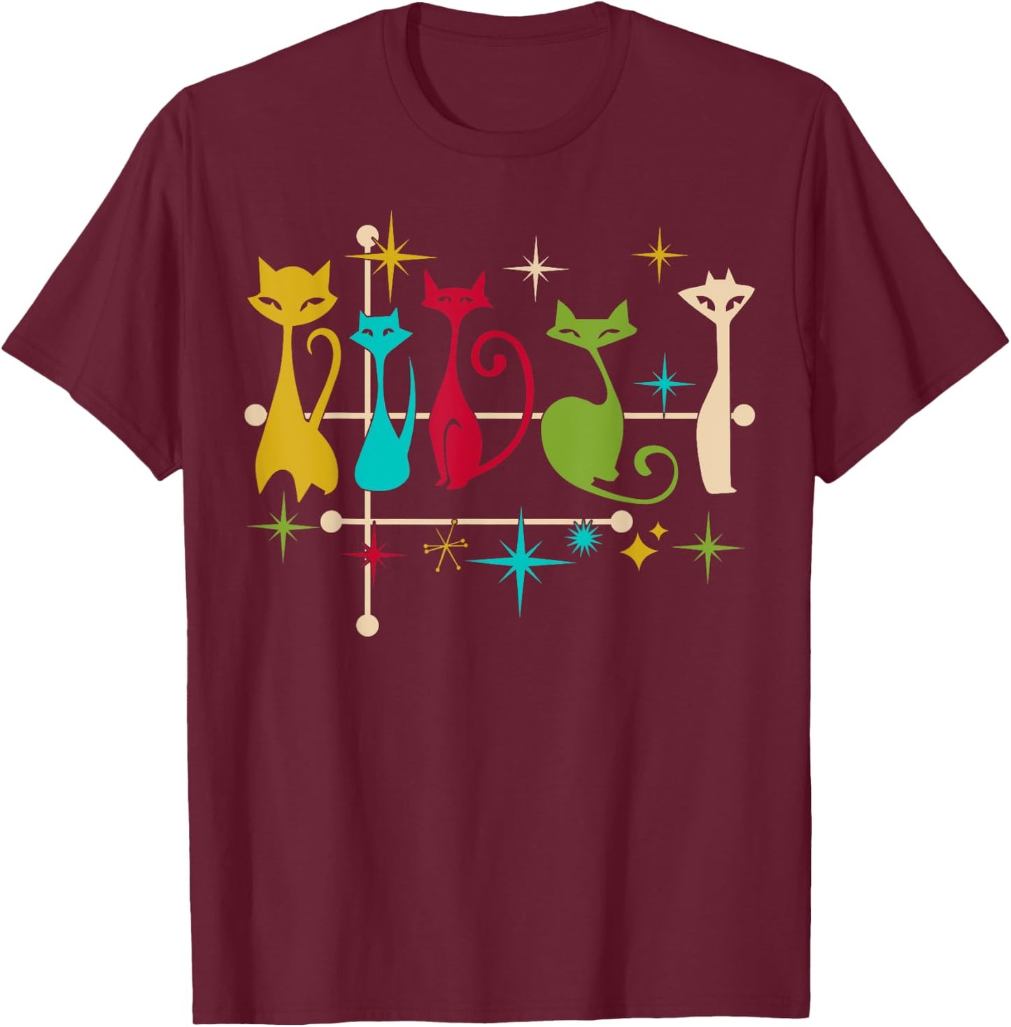 Mid Century Modern Look Cats - Retro Vintage 50s 60s Style T-Shirt - T-Shirt | Maroon