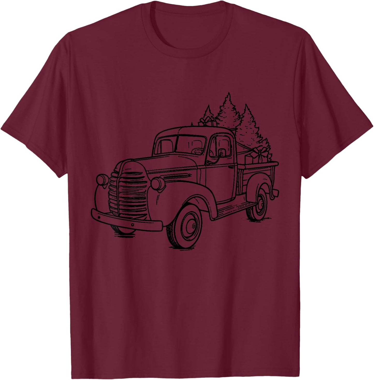 Vintage Wagon Christmas Shirt Tree on Car Xmas red Truck T-Shirt - T-Shirt | Maroon