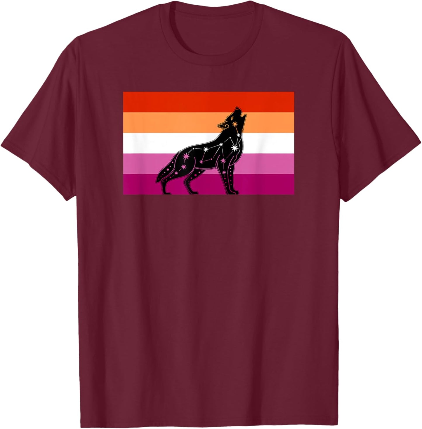 Celestial Wolf Lesbian Pride Flag Tribal Galaxy Aesthetic T-Shirt - T-Shirt | Maroon