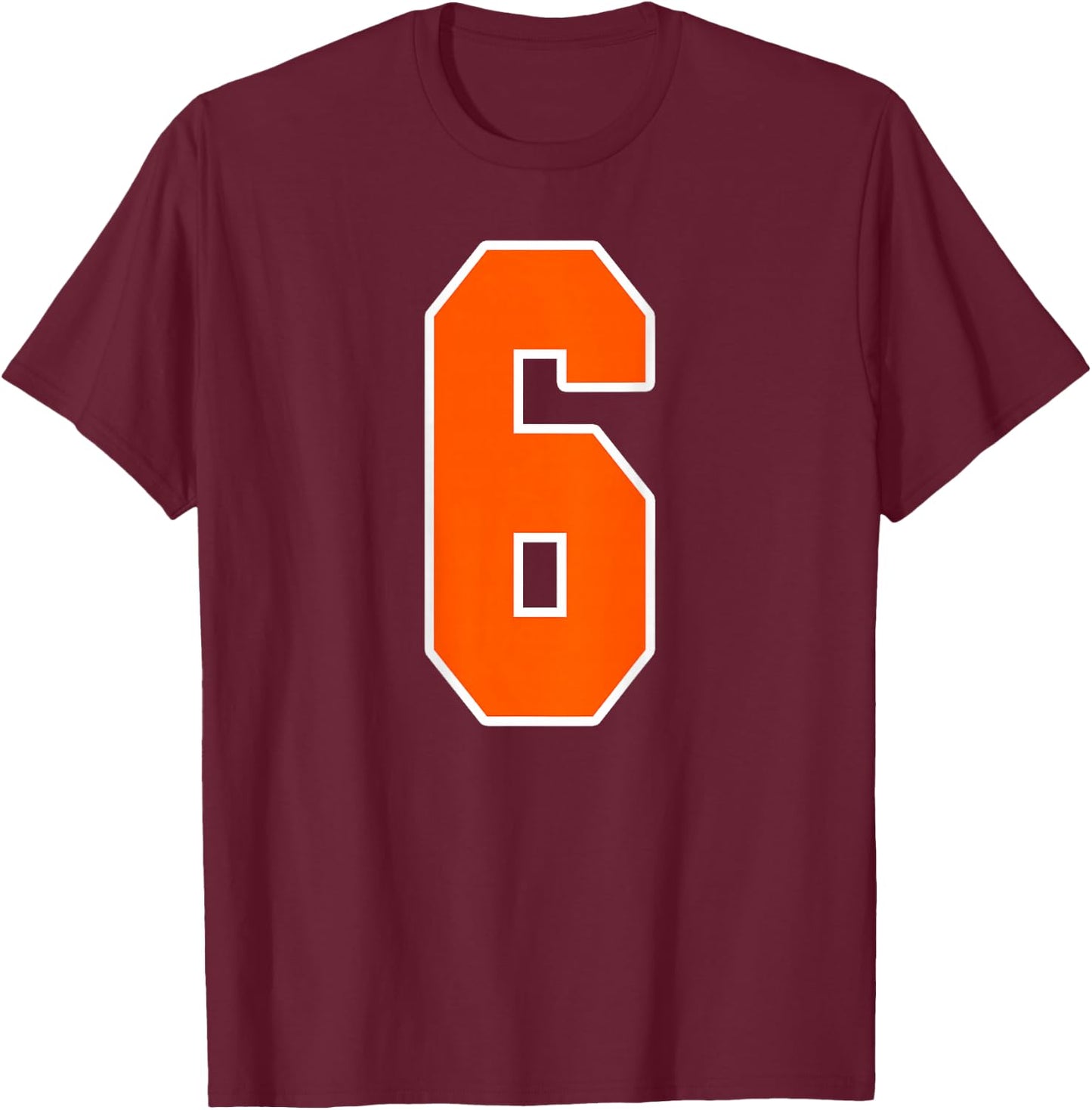 Back Print Orange Sports Block Number 6 For Sports Team T-Shirt - T-Shirt | Maroon