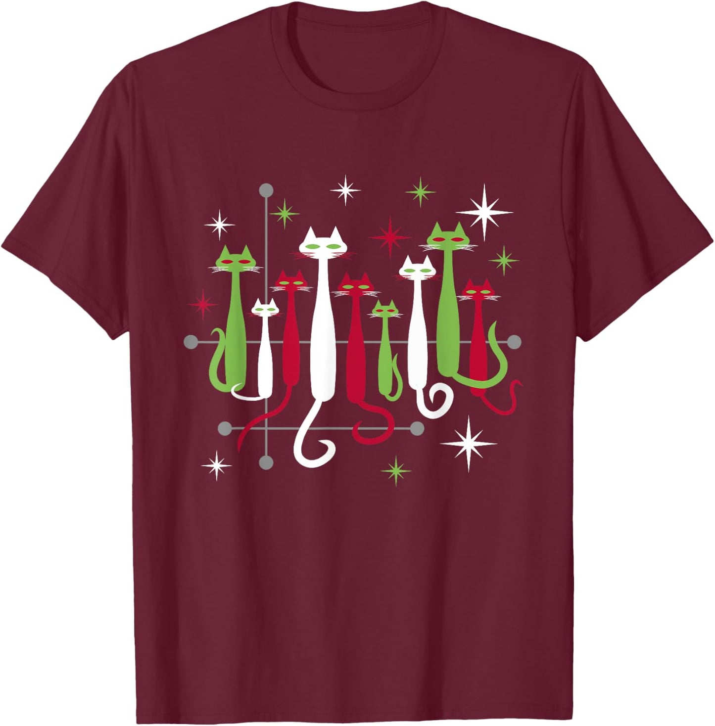 Vintage Retro Mid-Century Modern Christmas Cats 50s 60s Look T-Shirt - T-Shirt | Maroon