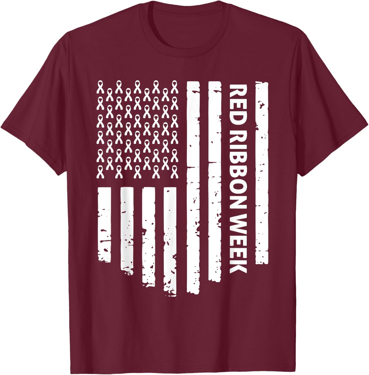 Red Ribbon Week Awareness American Flag Vintage Distressed T-Shirt - T-Shirt | Maroon