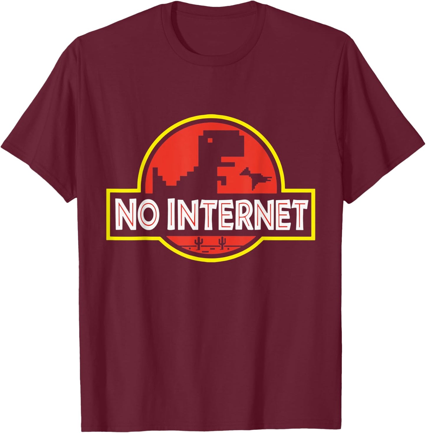 No Internet Funny Gamer Pixel T-Rex Dinosaur Logo T-Shirt - T-Shirt | Maroon