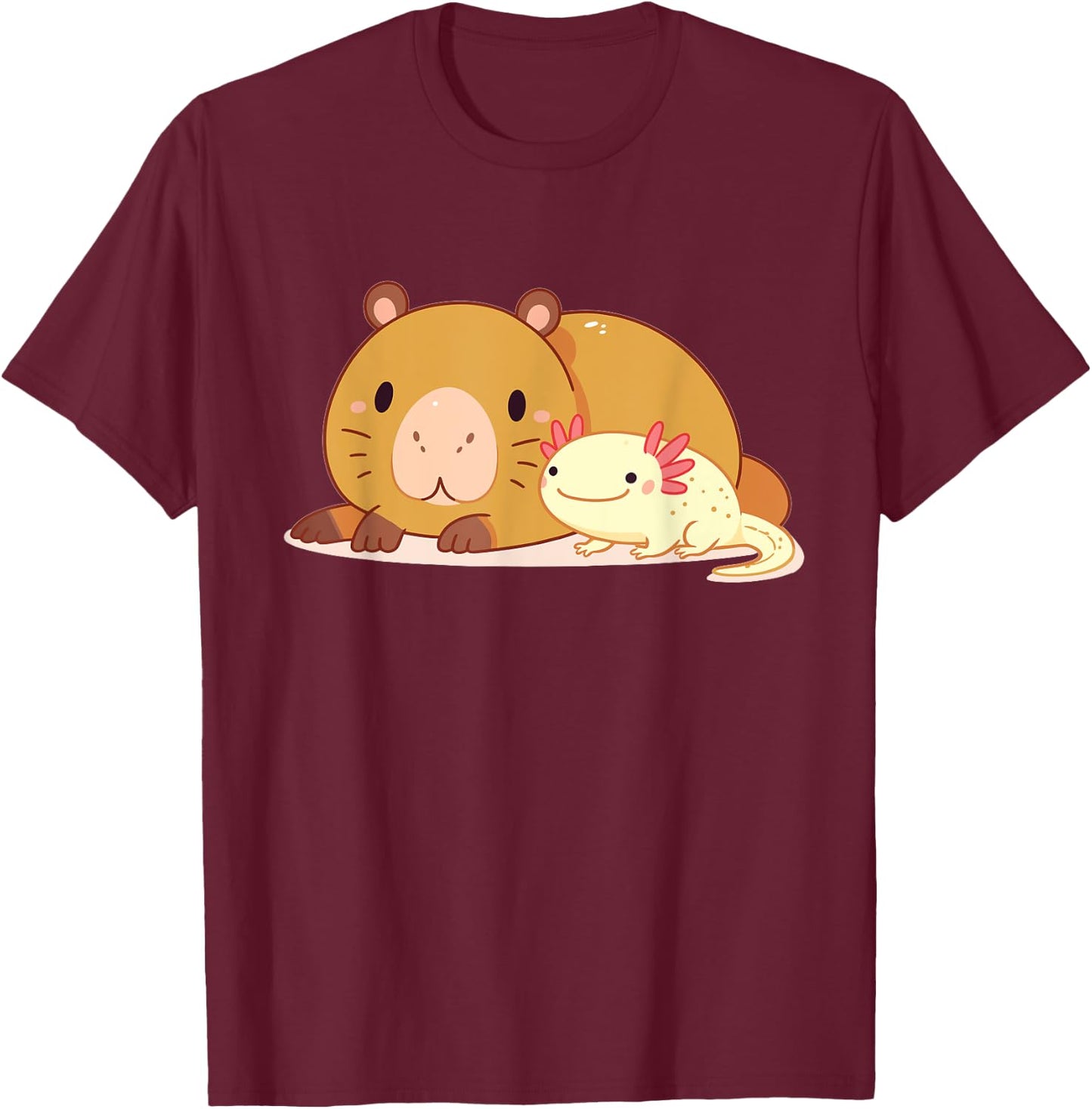 Cute Thick Axolotl With Capybara T-Shirt - T-Shirt | Maroon