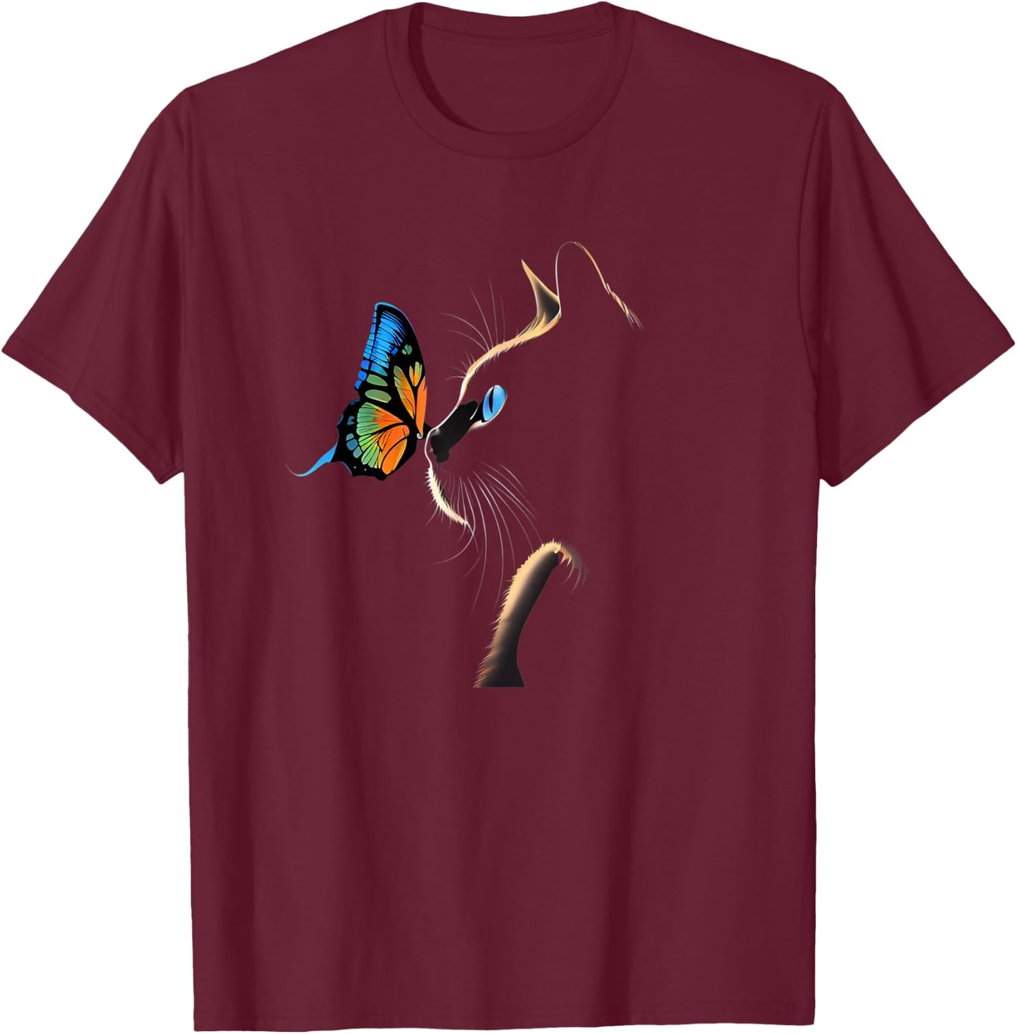 Cat Face - With Butterfly T-Shirt - T-Shirt | Maroon