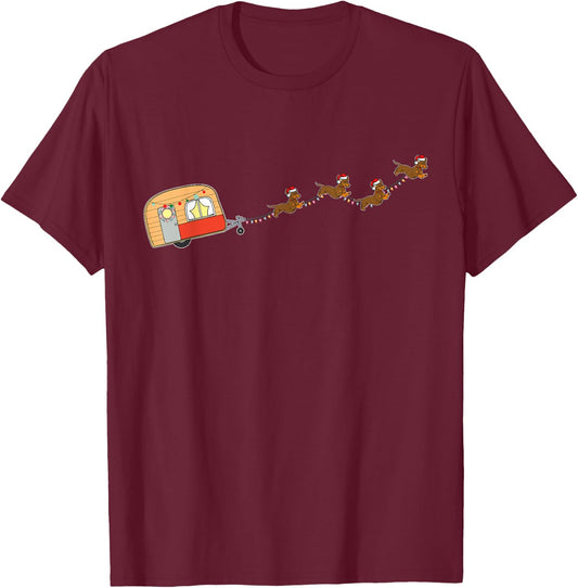 Camper Van Christmas Dachshund Sleigh Doxie Dog X-mas Pajama Women Kids T-Shirt - T-Shirt | Maroon