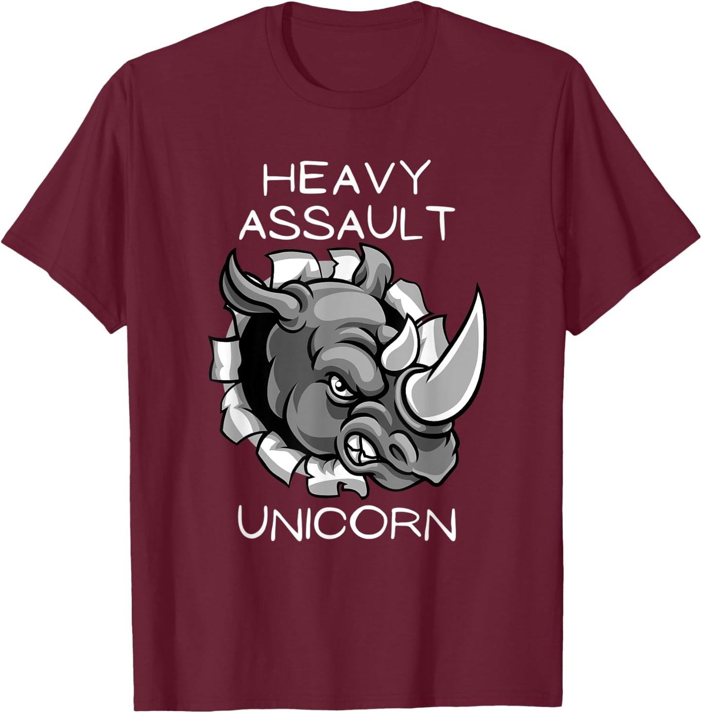 Funny Heavy Assault Unicorn Rhinoceros Cartoon T-Shirt - T-Shirt | Maroon