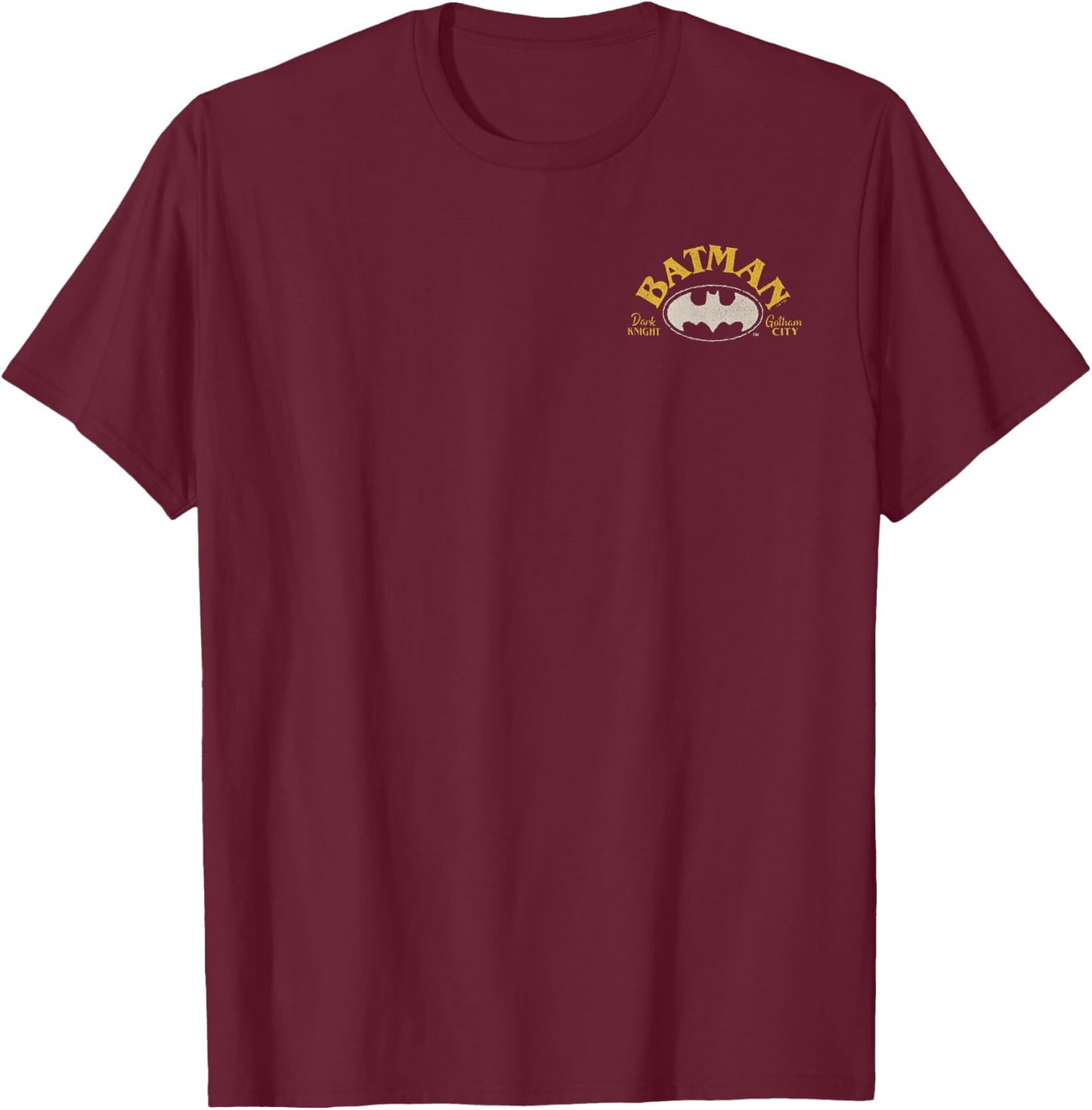 DC Comics Batman Dark Night Small Pocket Distressed Logo T-Shirt - T-Shirt | Maroon