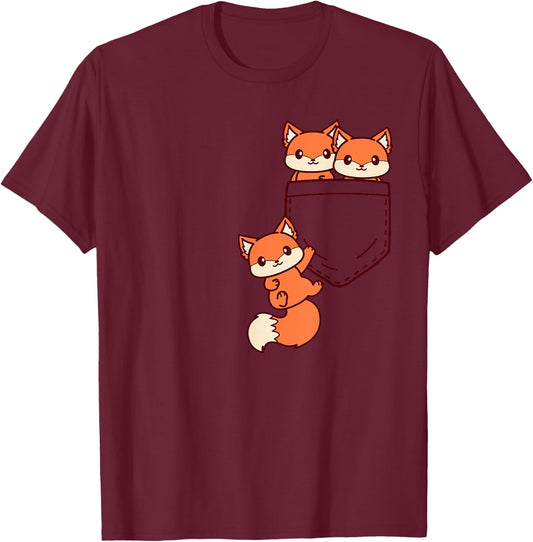 For Fox Lovers Cute Kawaii Baby Fox In Pocket T-Shirt - T-Shirt | Maroon