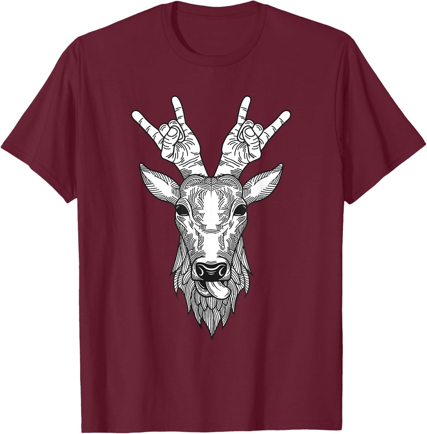 Funny Deer Head Hand Horns Rock And Roll Band Hunter Outfit T-Shirt - T-Shirt | Maroon