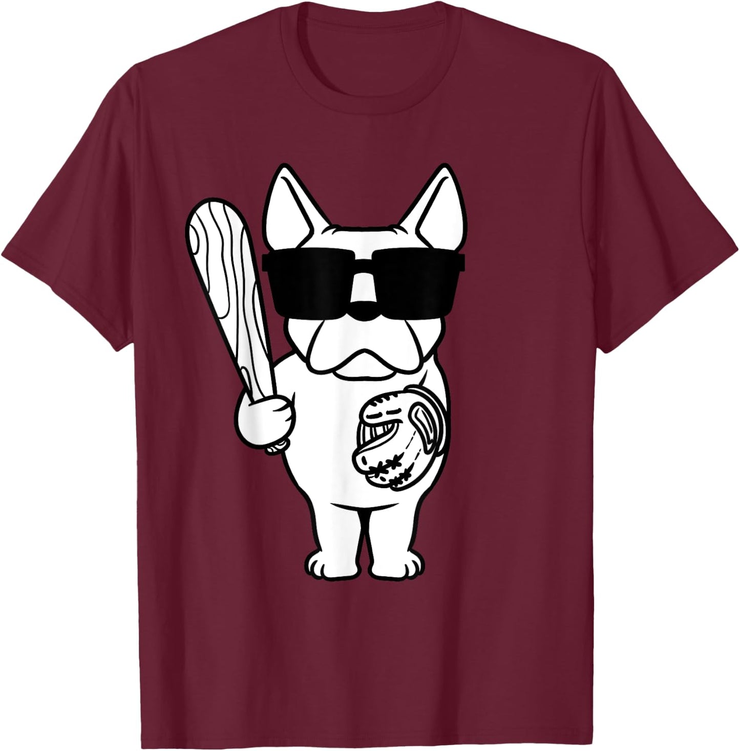 French Bulldog Dog With Baseball Bat And Glove Baseball Women Girls Kids T-Shirt - T-Shirt | Maroon