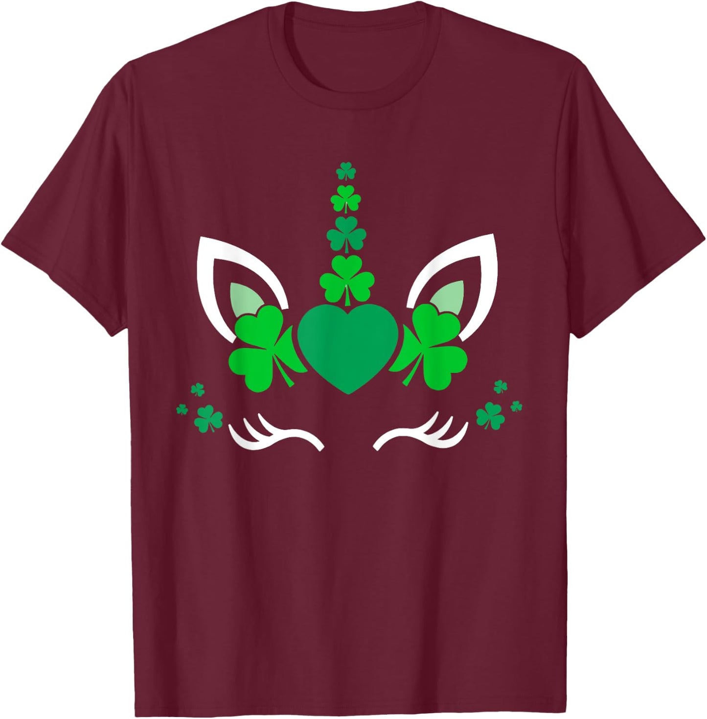 Unicorn Face St Patricks Day Irish Shamrock Women Girls Kids T-Shirt - T-Shirt | Maroon
