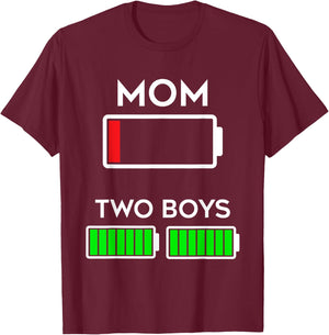 Funny Tired Mom of two Boys Battery Low Design T-Shirt - T-Shirt | Maroon