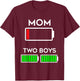 Funny Tired Mom of two Boys Battery Low Design T-Shirt - T-Shirt | Maroon