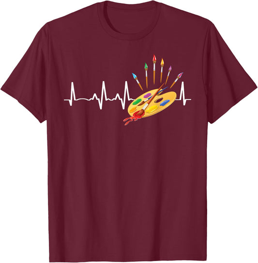 Paint Brush Palette Heartbeat Artist/Painter/Art Teacher Fun Men Women Kids T-Shirt - T-Shirt | Maroon