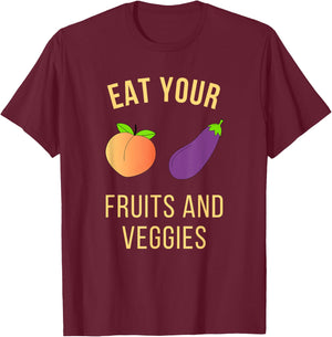 Funny Adult Shirt - Eggplant and Peach - Eat Fruit and Veg T-Shirt - T-Shirt | Maroon