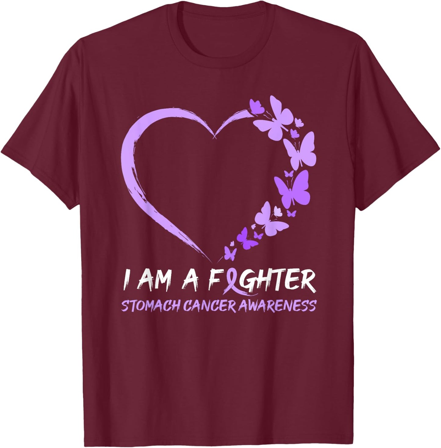 Butterfly Heart I Am A Fighter Stomach Cancer Awareness T-Shirt - T-Shirt | Maroon