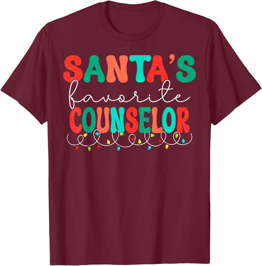 Santas Favorite Counselor Retro Christmas School Counselor T-Shirt - T-Shirt | Maroon